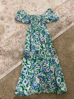 Smocked Off-Shoulder Green Floral Maxi Dress with Blue & Pink Accents
